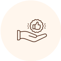 Hand holding badge with thumbs-up icon.