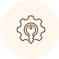 Key inside gear icon on beige background.