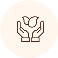 Hands holding leaves icon in circle.