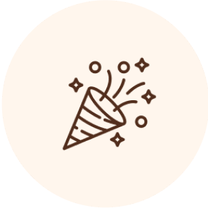 Party popper icon with confetti and stars.